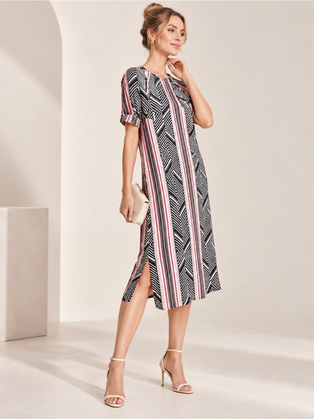 Anthropologie Vertical Stripe Midi Dress in Black, White & Pink